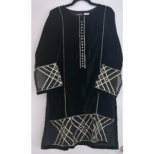 NWT Beejays Pret Pakistani Tunic Dress Women's Black Velvet Embellished